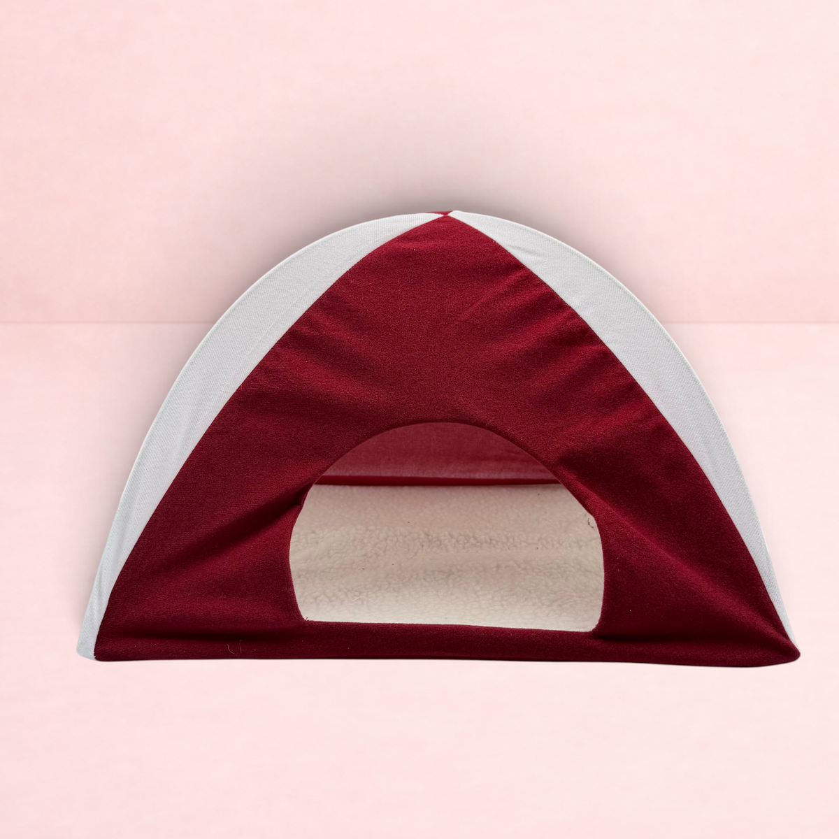 Darling Bun Shop red and white teepee hideaway for small pets with a soft, removable fleece insert.