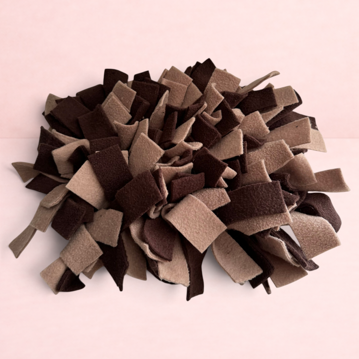 Darling Bun Shop cappuccino snuffle mat for small pets with brown and beige felt fabric strips for foraging.