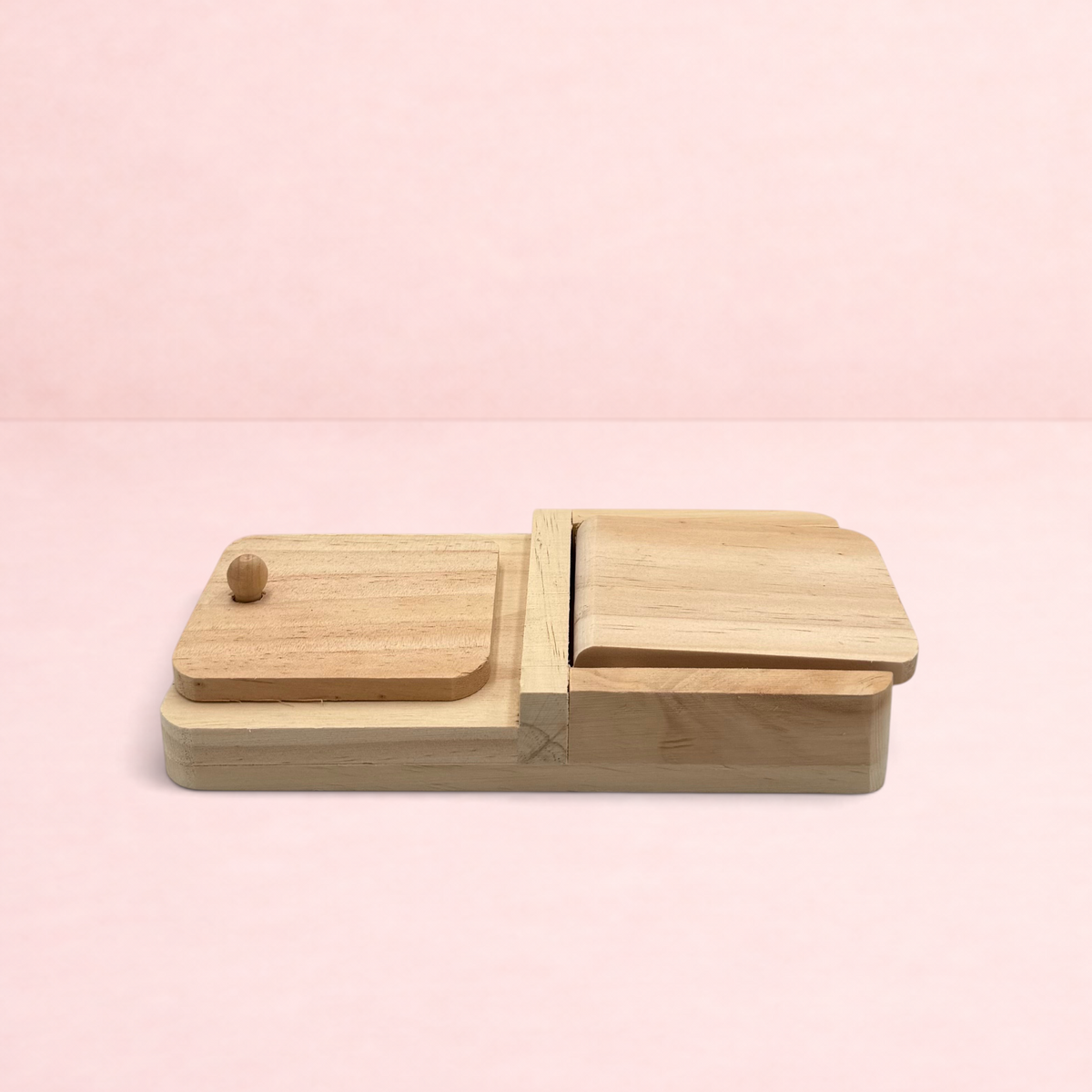 Darling Bun Shop natural wooden puzzle snack box for rabbits with sliding lids for foraging and treat enrichment