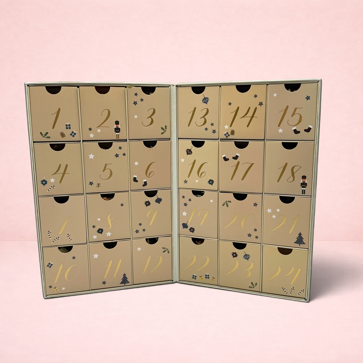Darling Bun Shop reusable 24-day luxury forage advent calendar for small animals with festive gold numbered drawers.