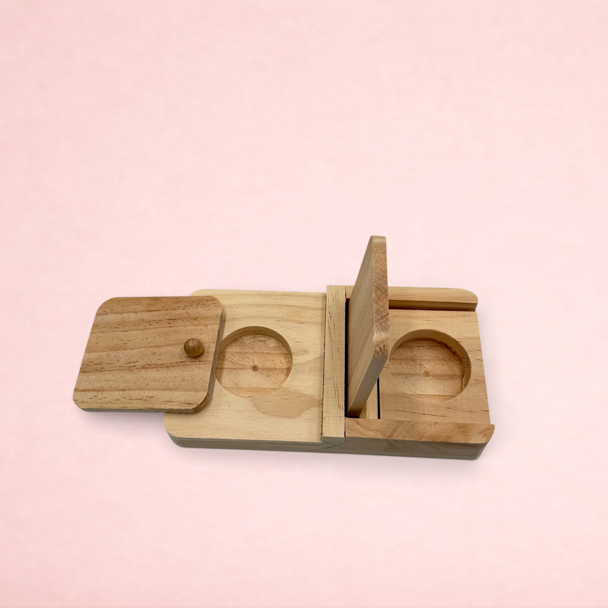 Darling Bun Shop natural wooden puzzle snack box for rabbits with sliding lids for foraging and treat enrichment