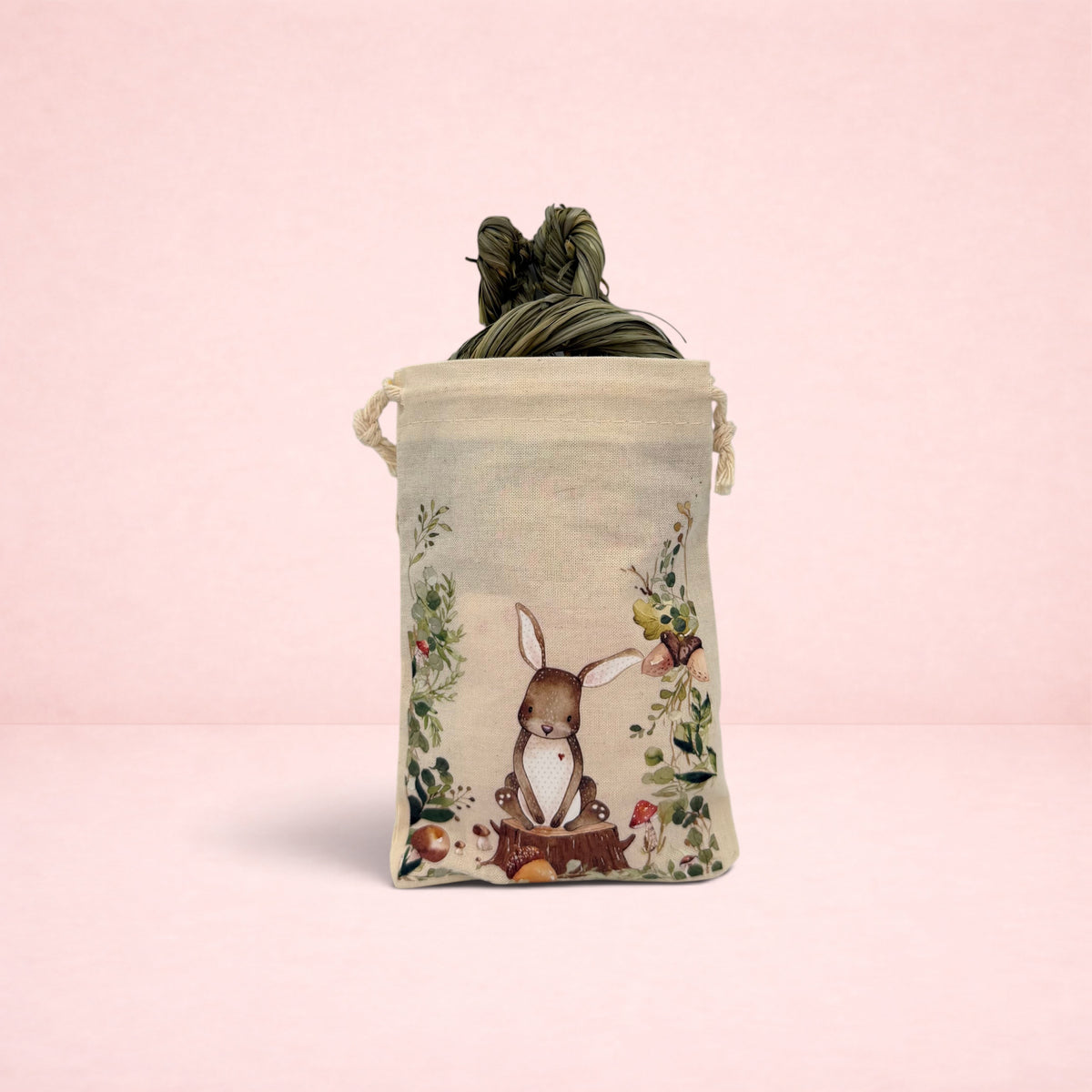 Darling Bun Shop Woodland Treat Sack with bunny illustration, containing timothy hay chews for small animals