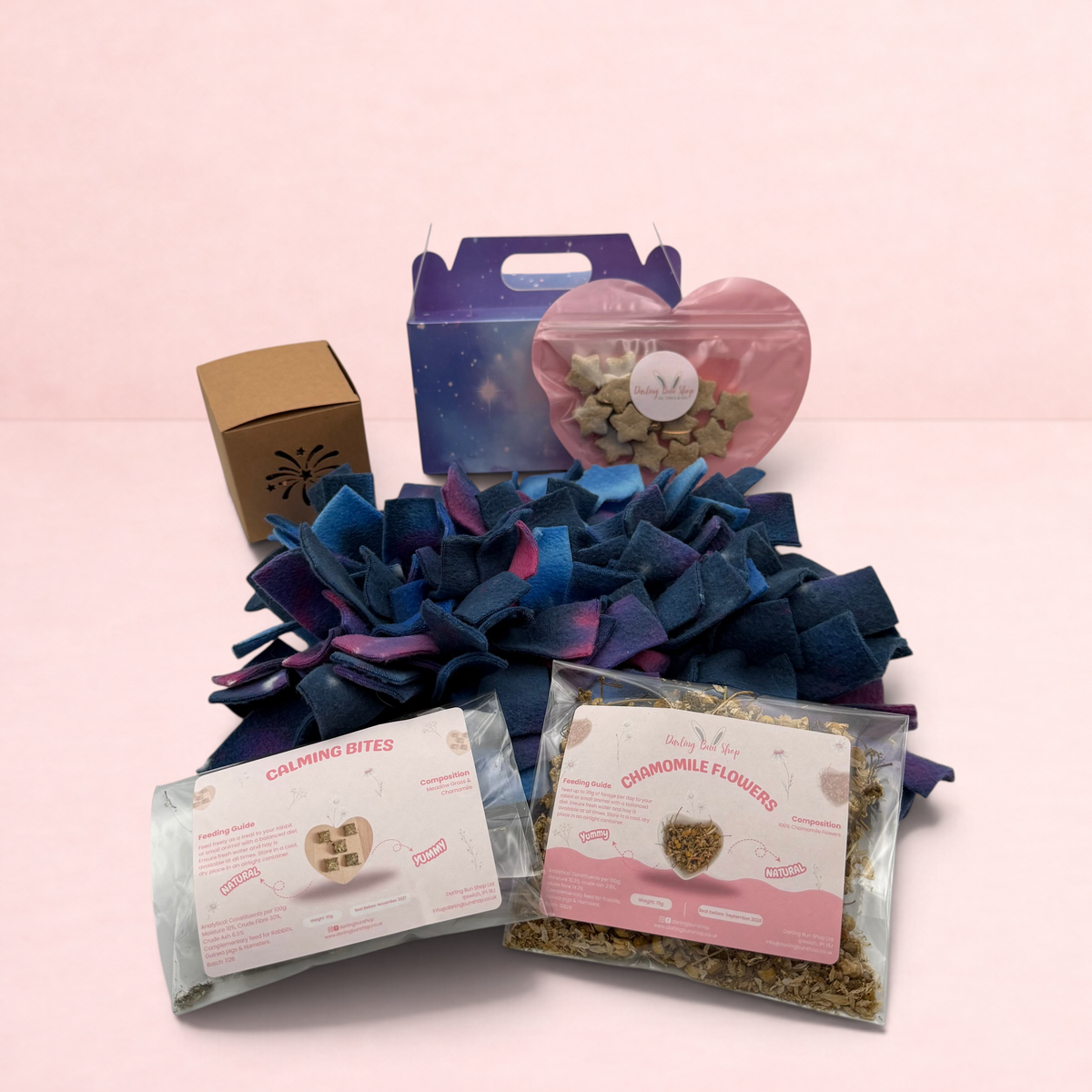 Darling Bun Shop Calming Bonfire Bundle with galaxy snuffle mat, chamomile flowers, calming bites, and treats.