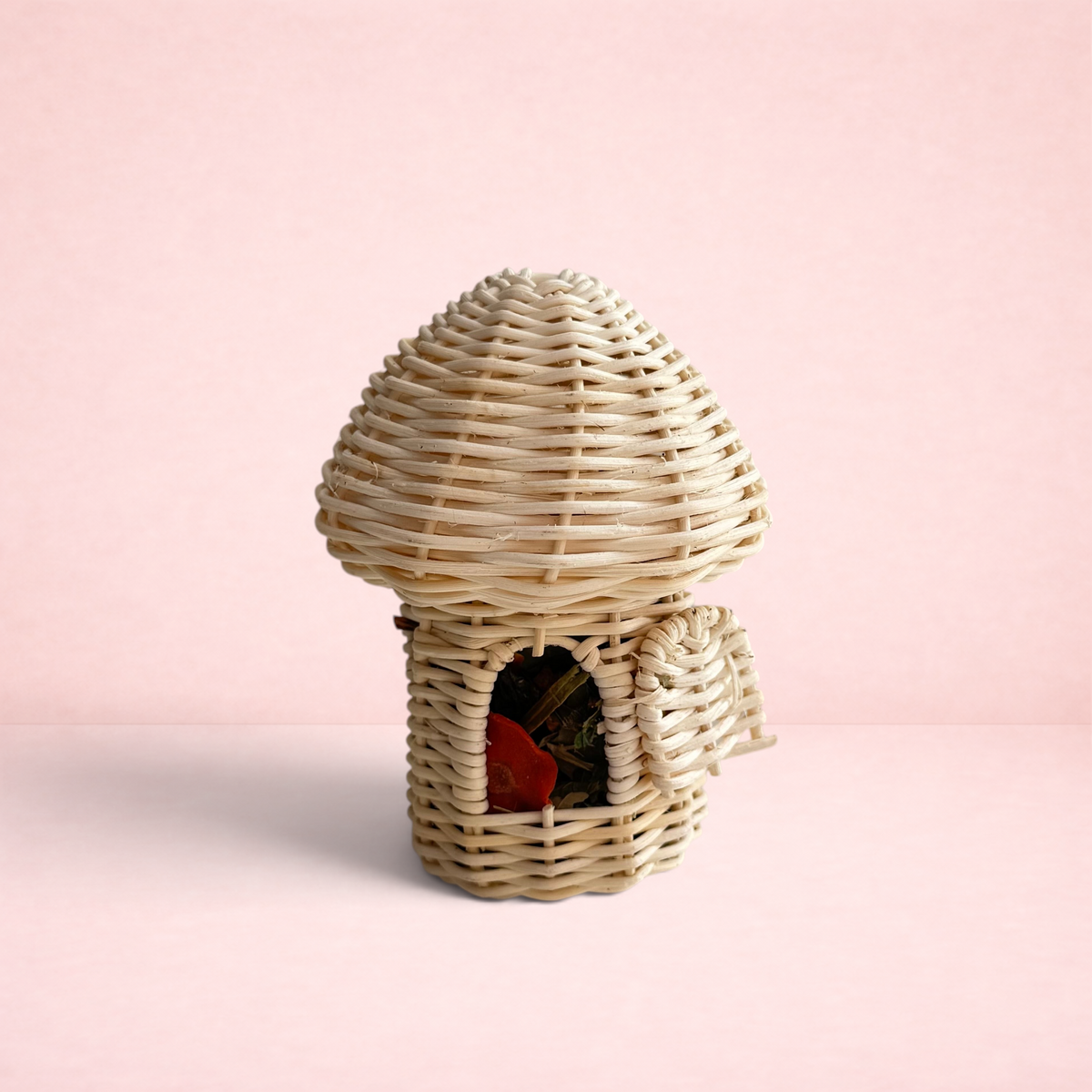 Darling Bun Shop natural vine mushroom house toy filled with dried forage blend and pumpkin nibbles for rabbits