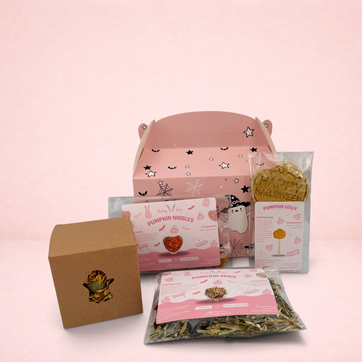 Darling Bun Shop Halloween gift box for rabbits featuring pumpkin treats, forage blend, and a spooky boredom breaker.