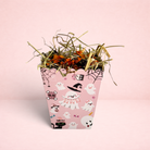 Darling Bun Shop pink Halloween snack box for small pets, filled with timothy hay, pumpkin spice forage, and flakes.