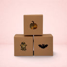 Darling Bun Shop Halloween boredom breaker boxes with pumpkin, ghost, and bat cut-outs filled with dried forage
