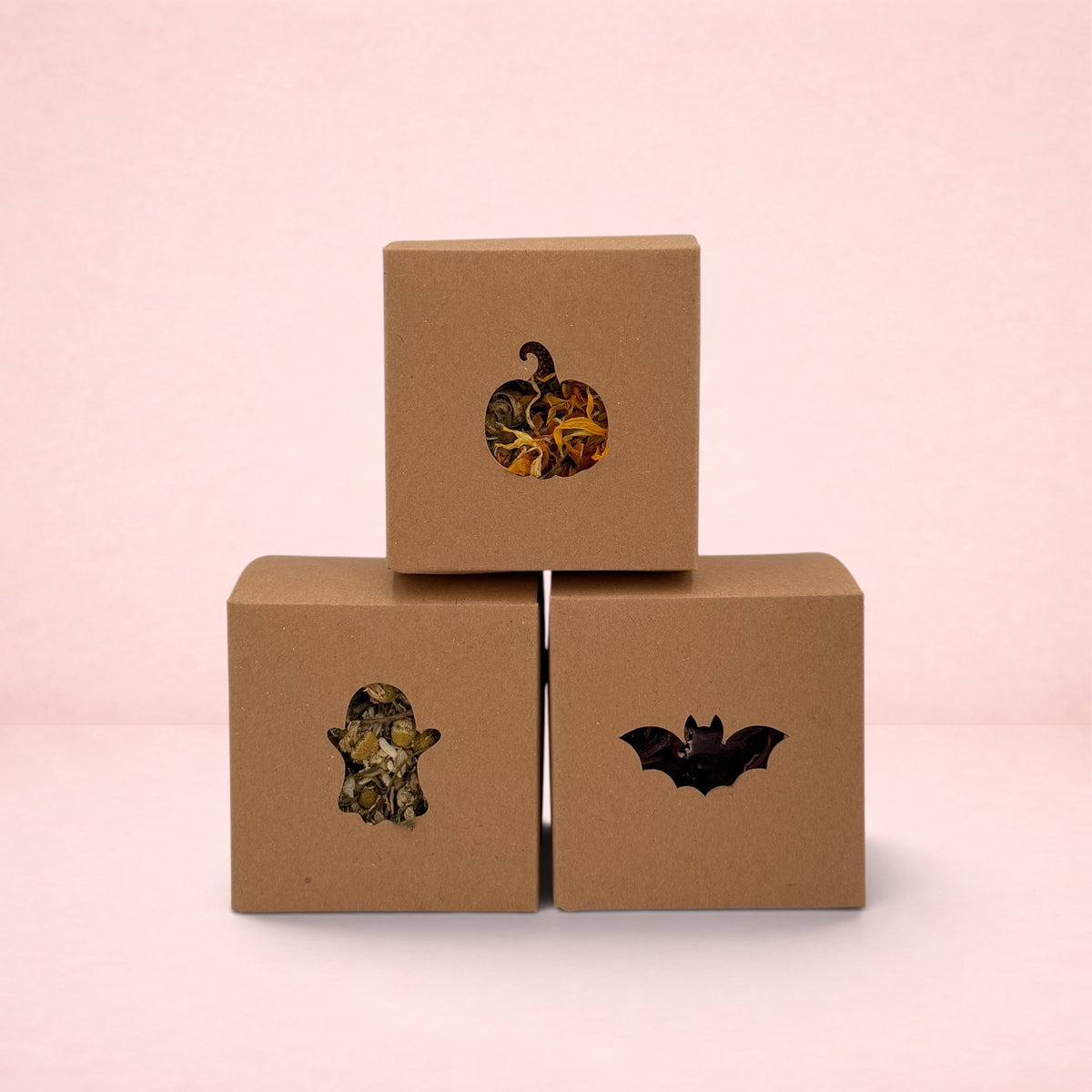 Darling Bun Shop Halloween boredom breaker boxes with pumpkin, ghost, and bat cut-outs filled with dried forage