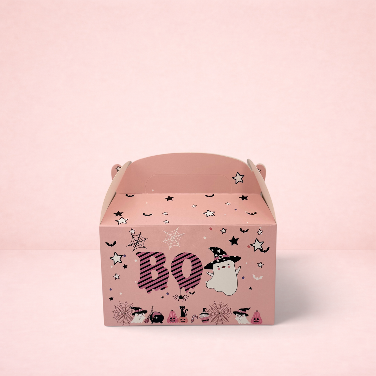 Darling Bun Shop Halloween Trick Or Treat gift box in light pink with cute ghost, pumpkin, and bat illustrations.