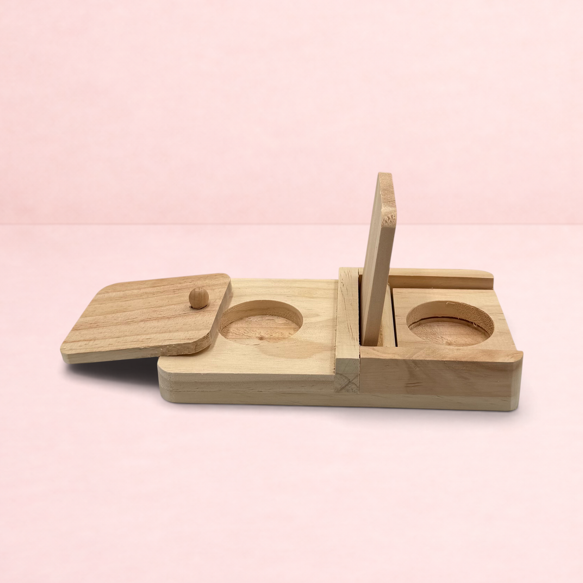 Darling Bun Shop natural wooden puzzle snack box for rabbits with sliding and lifting treat compartments