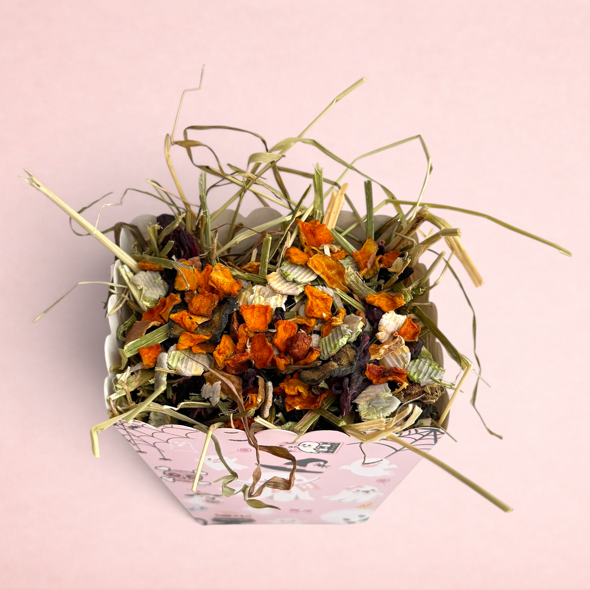 Darling Bun Shop pink ghost-themed Halloween snack box filled with timothy hay, pumpkin spice forage, and flakes.