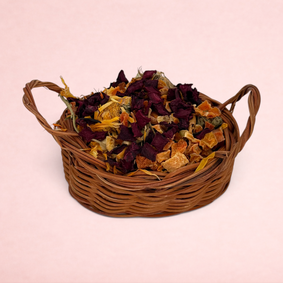 Darling Bun Shop natural vine trick-or-treat basket filled with dried beetroot, pumpkin, and marigold for rabbits