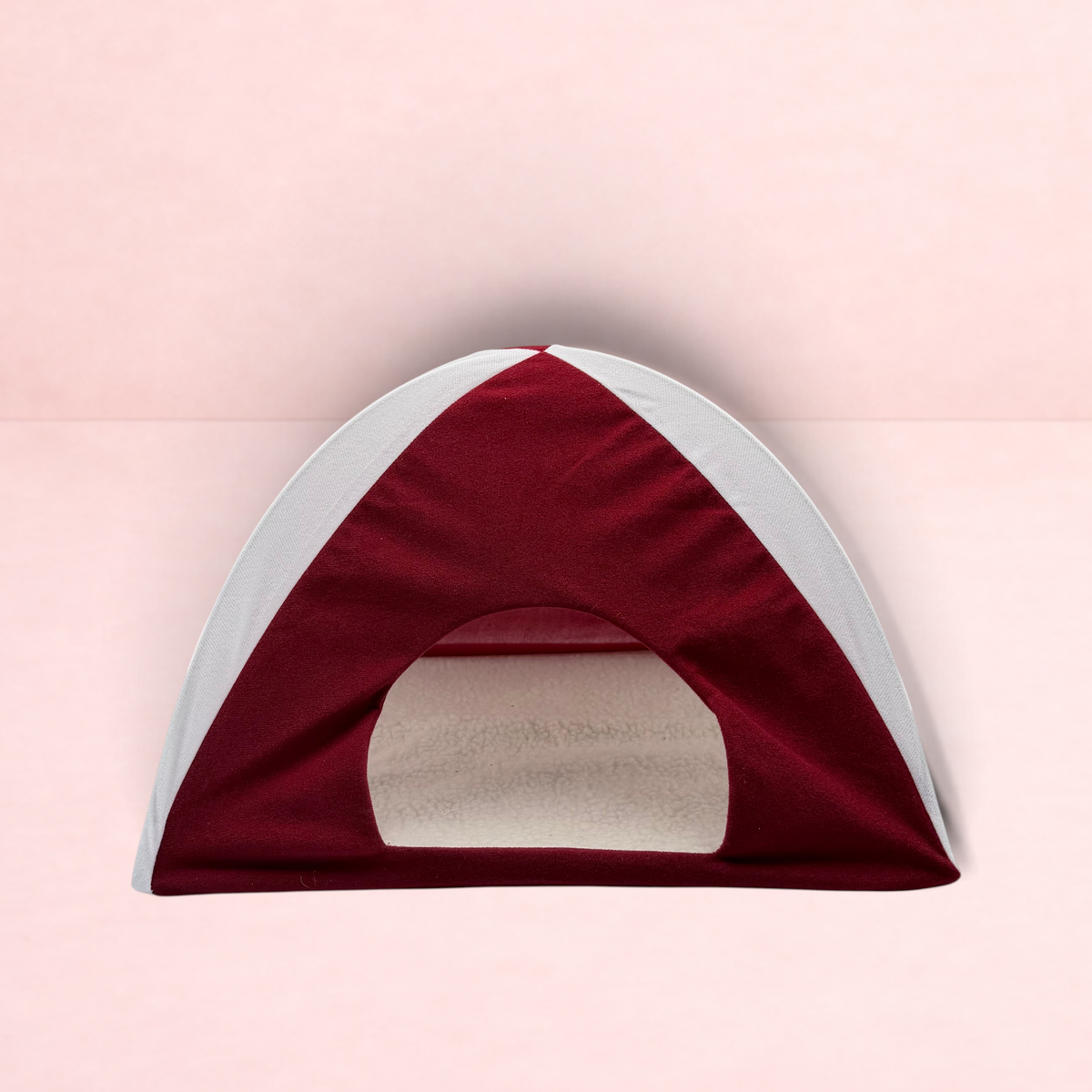 Darling Bun Shop red and white fabric teepee hideaway for small pets with a soft fleece interior