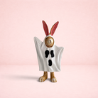 Darling Bun Shop handmade bunny ornament wearing a white ghost costume with black eyes and mouth for Halloween decor.