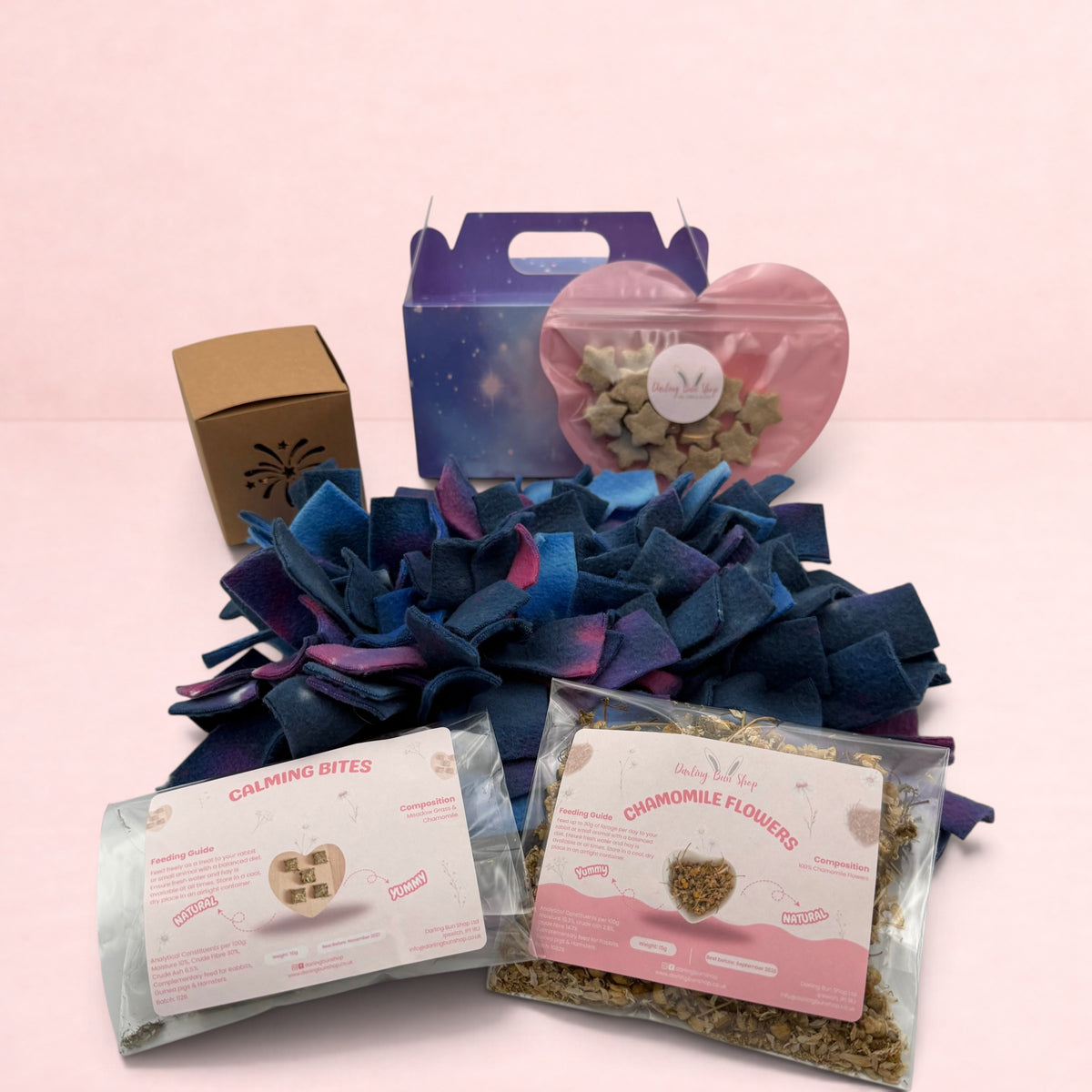 Darling Bun Shop Calming Bonfire Bundle with galaxy snuffle mat, chamomile flowers, calming bites, and oat stars.