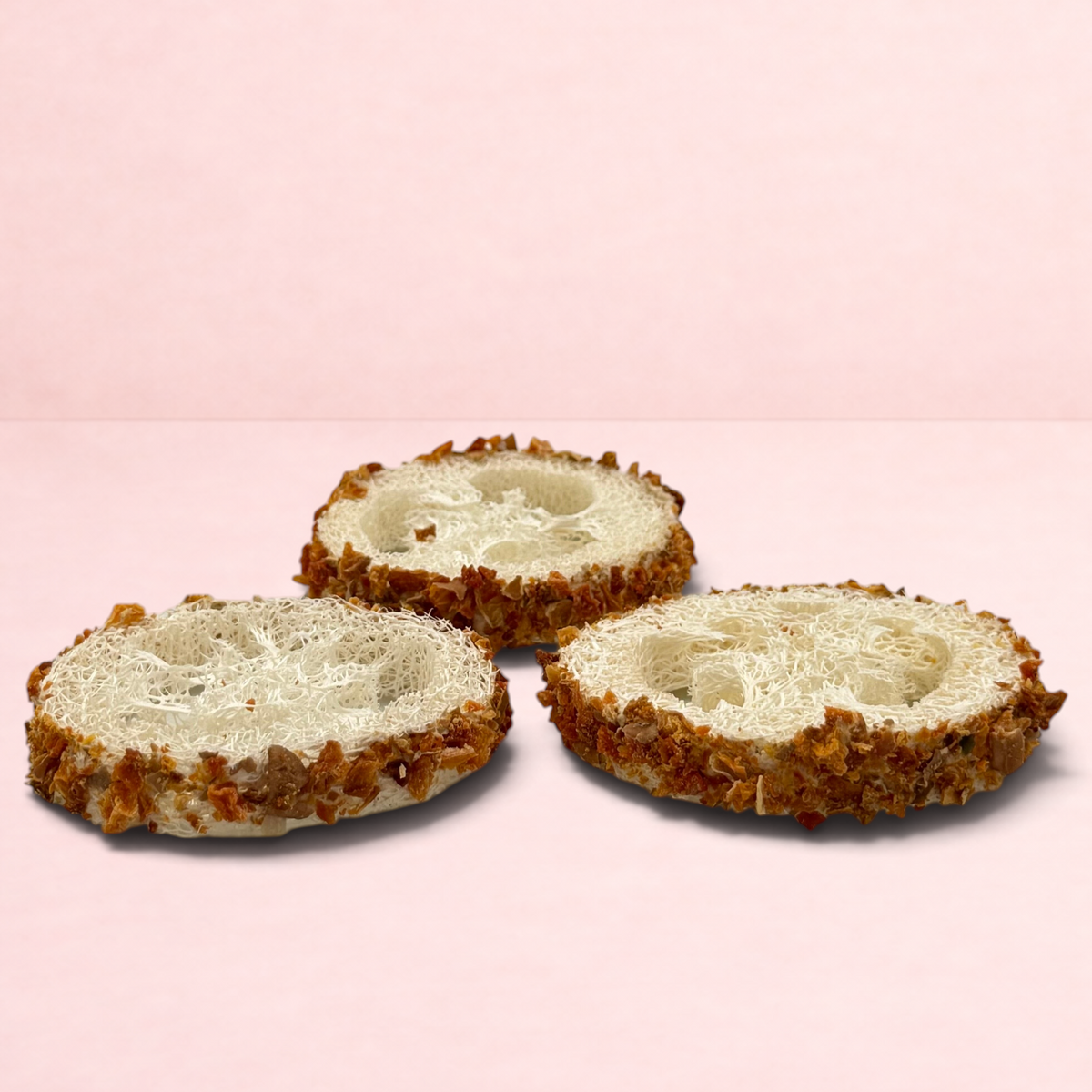Darling Bun Shop natural loofah chews for small pets with a crunchy pumpkin coating for dental health