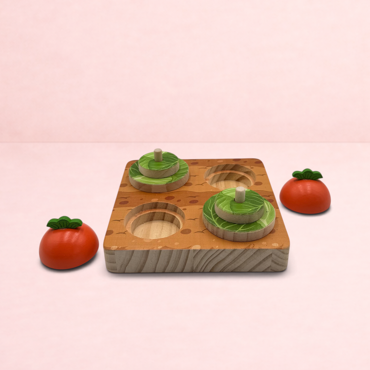 Darling Bun Shop wooden veg patch puzzle toy with carrot-shaped domes for rabbit foraging and treat enrichment