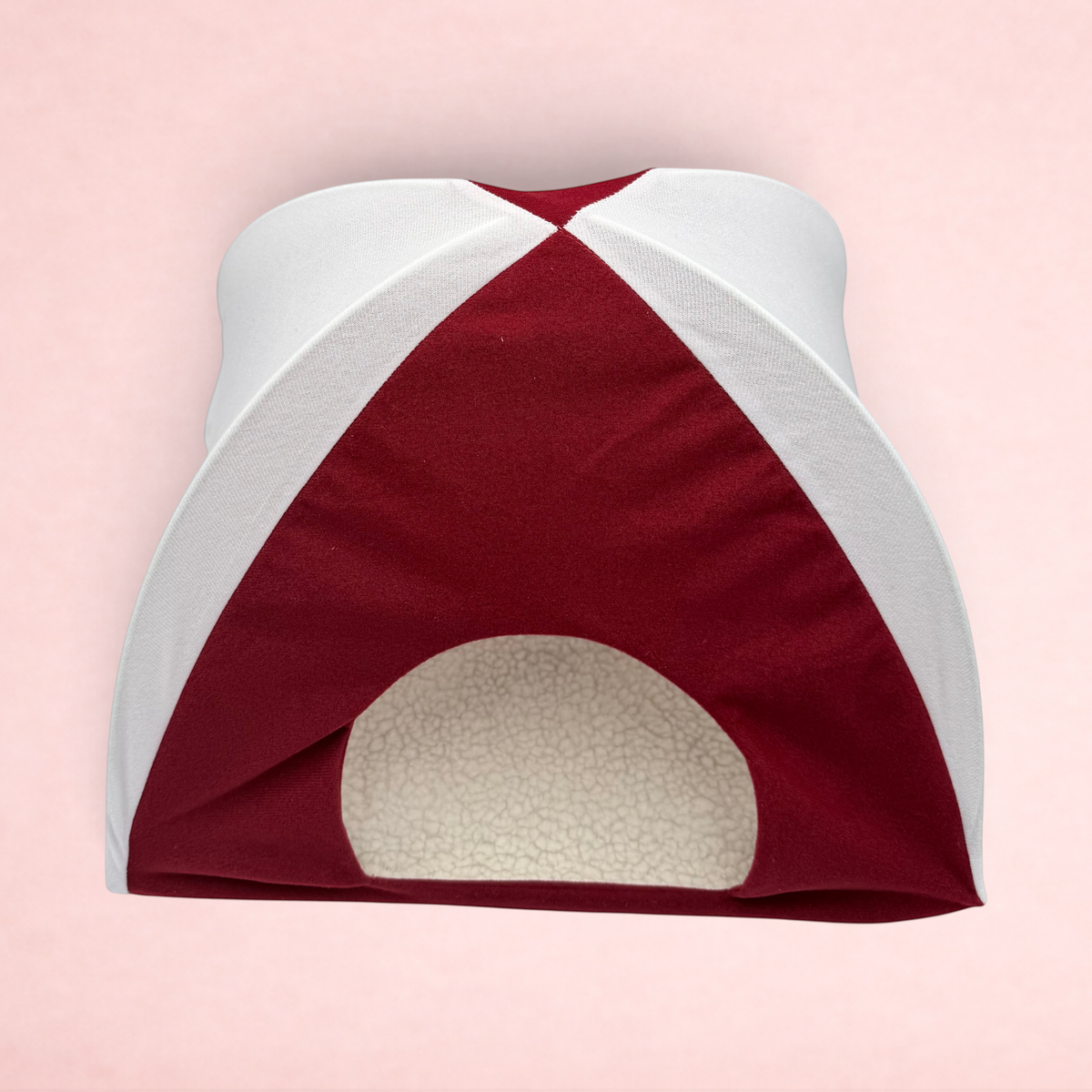 Darling Bun Shop red and white fabric teepee hideaway for small pets with a soft fleece interior