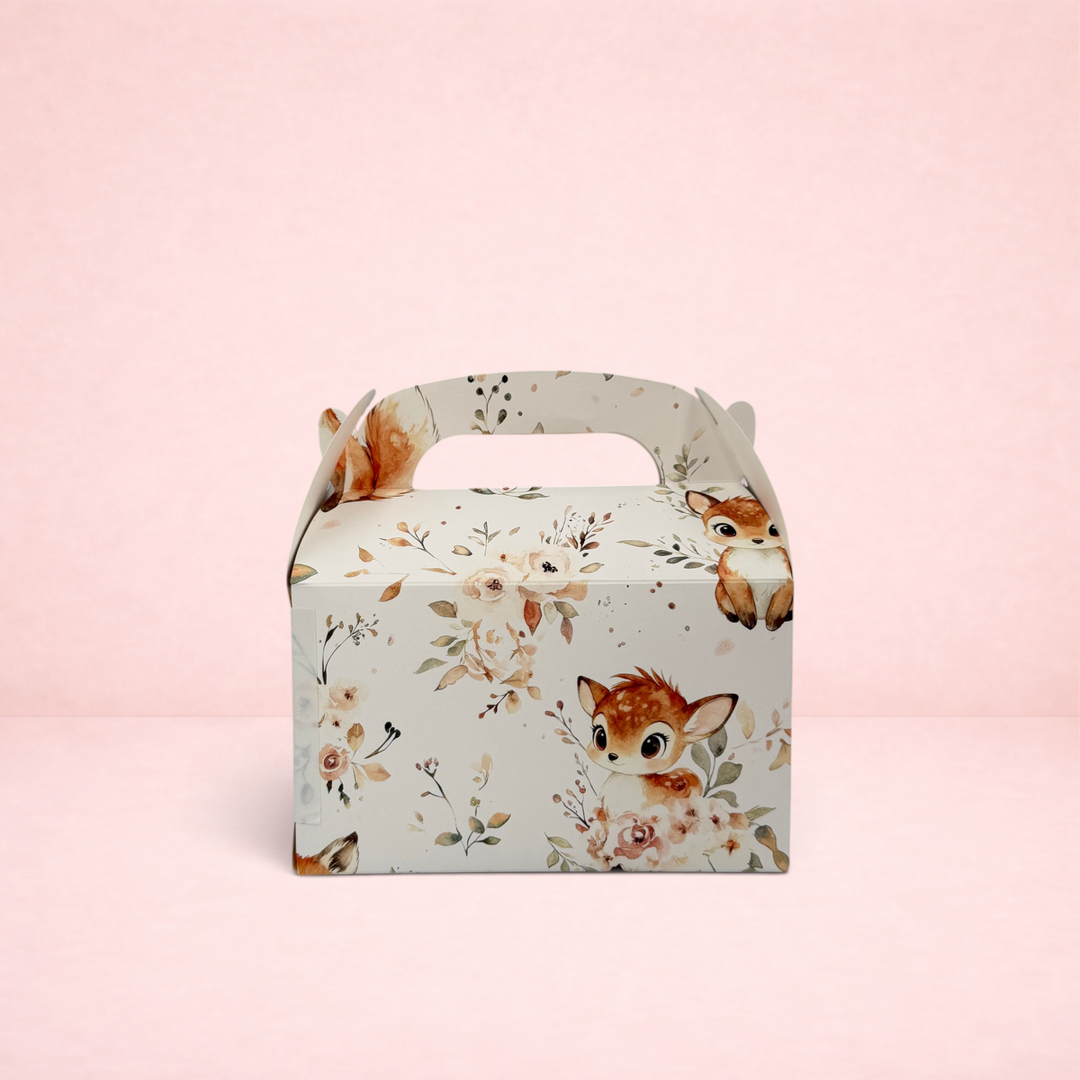Darling Bun Shop woodland gift box featuring cute fawn and floral autumn illustrations on a cream cardboard box.
