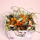 Darling Bun Shop pink Halloween snack box for small pets filled with timothy hay, pumpkin, and pea flakes.